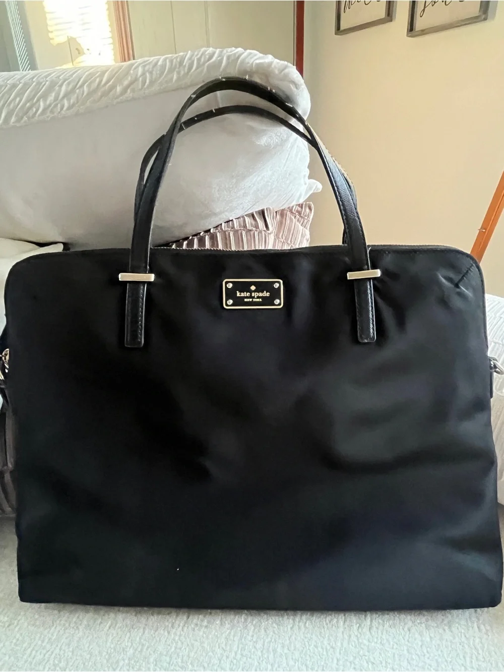 kate spade Black Nylon Laptop Tote with Gold Logo Plaque